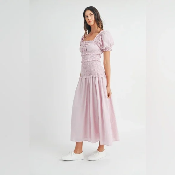 69B. Puff Sleeve Smocked Tiered Midi Dress - Mauve